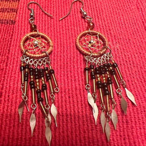 Dreamcatcher Earrings with Silver and Brown Accents - Picture 1 of 7